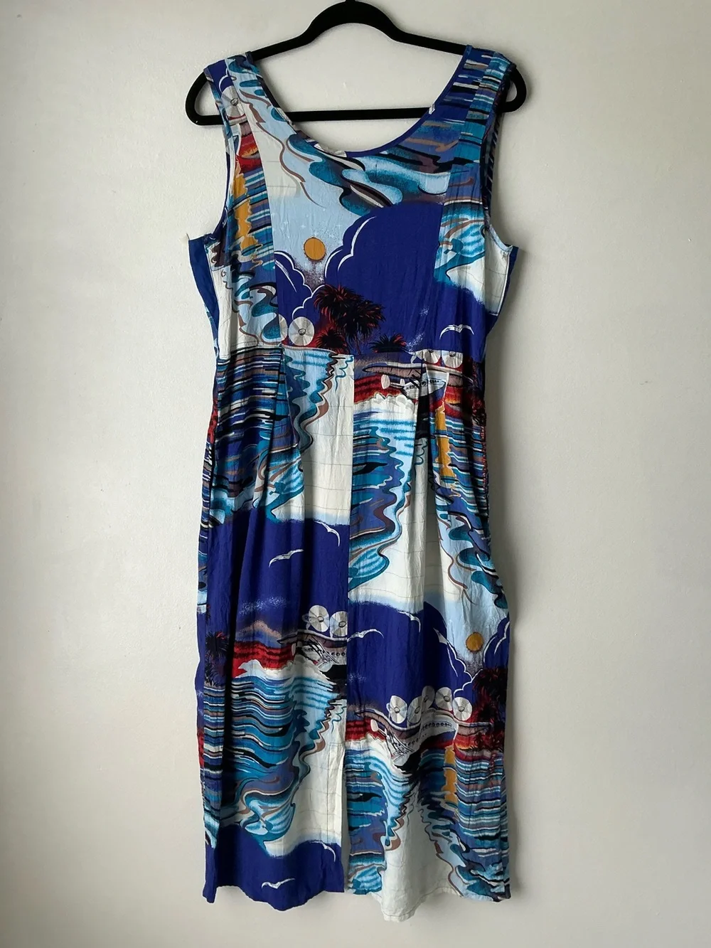 JAMS WORLD Vintage Tropical Print Sleeveless Midi Dress Blue White Medium - Picture 2 of 9